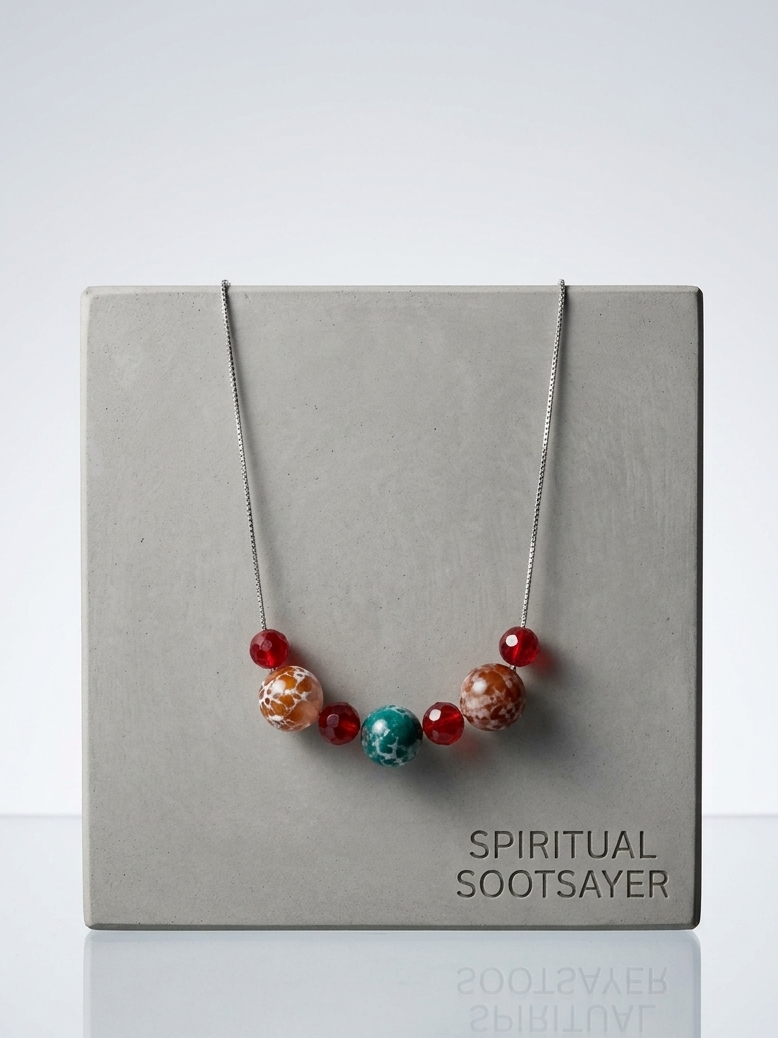 A beaded necklace with red, orange, and teal glass beads on a silver chain, displayed on a gray square card labeled 'SPIRITUAL SOOTSAYER'.