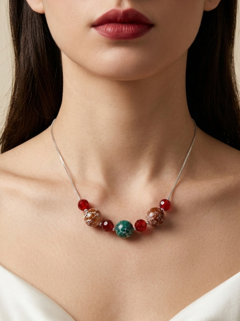 A close-up of a model wearing a silver chain necklace with a central cluster of beads, including a prominent round green bead and textured red and brown beads, paired with a white satin top.