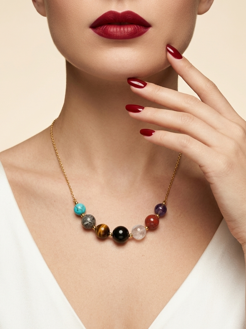 A close-up of a model wearing a gold chain necklace with a row of colorful round beads, paired with a white V-neck top and dark red lipstick.