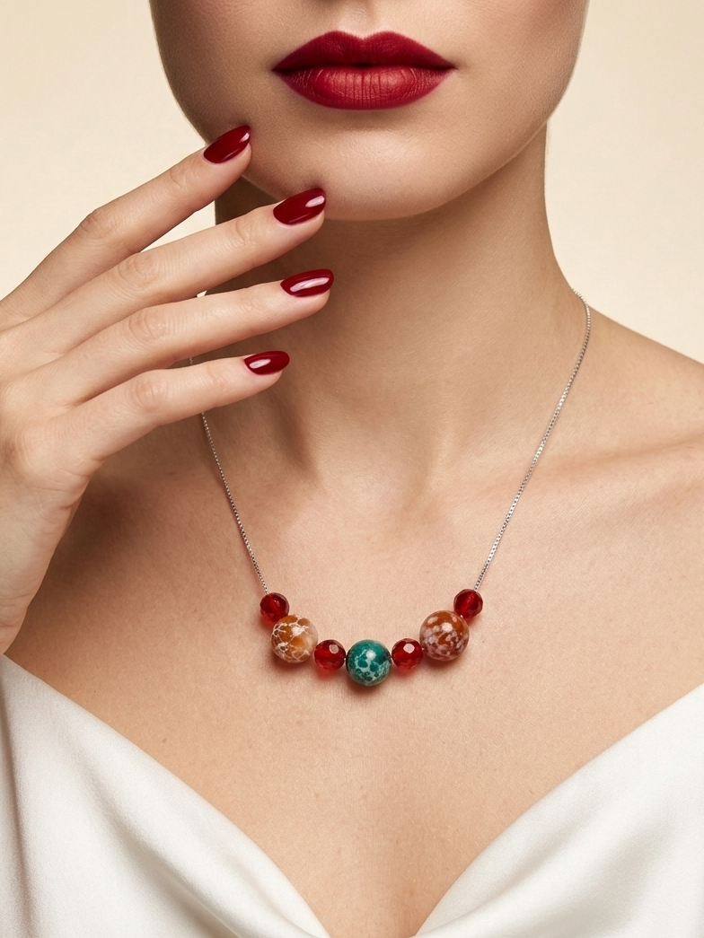 A close-up of a model wearing a silver necklace with red and textured amber beads, one of which is a prominent teal green bead. The model is wearing a white satin top and has dark red nail polish.