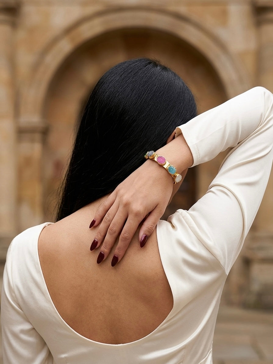Aurora Spectrum Druzy Quartz Gold Cuff Bracelet