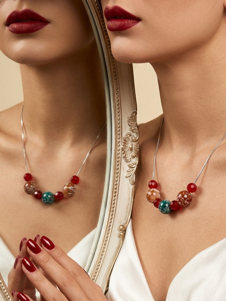 A close-up lifestyle shot of a woman wearing a silver necklace with red and teal glass beads, shown alongside a decorative mirror reflecting her lower face and hand.