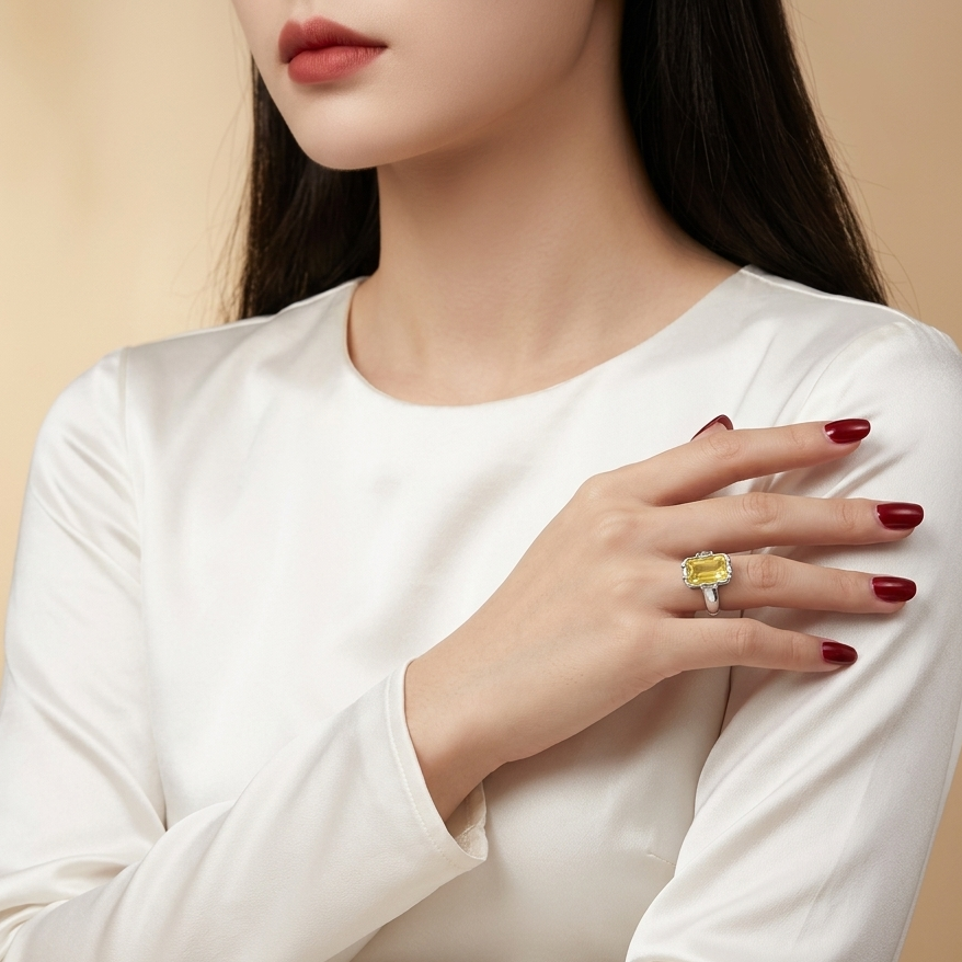 A close-up of a woman wearing a white long-sleeve top and a yellow flower-shaped ring with a silver band, resting her hand on her shoulder against a warm beige background.