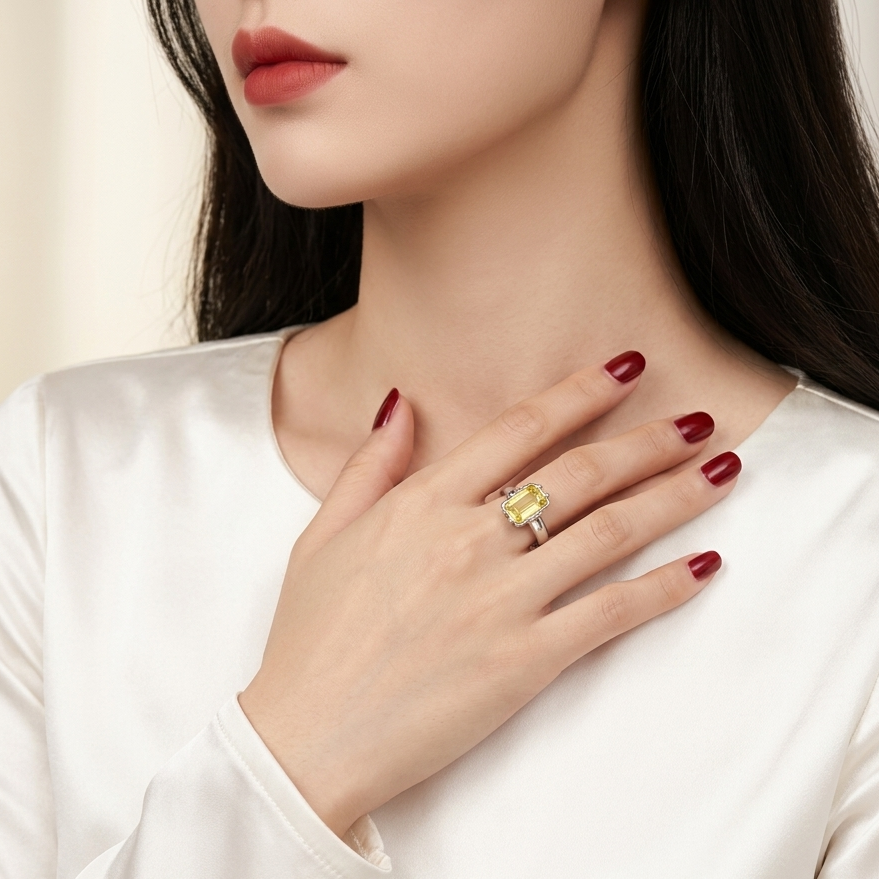 A close-up lifestyle shot of a woman wearing a yellow gemstone ring on her finger, dressed in a white satin top. The ring features a rectangular yellow gemstone in a silver setting.