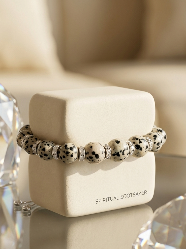 A beaded bracelet with white and black spotted beads and silver spacer beads, displayed on a cream-colored jewelry box labeled 'SPIRITUAL SOOTSAVER'. The box is set on a reflective surface with crystal-like props in the foreground and a soft beige background.