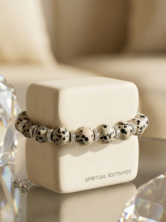 A beaded bracelet with white and black spotted beads and silver spacer beads, displayed on a cream-colored jewelry box labeled 'SPIRITUAL SOOTSAVER'. The box is set on a reflective surface with crystal-like props in the foreground and a soft beige background.