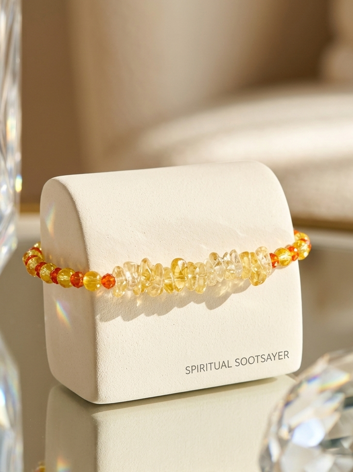 A beaded bracelet with yellow and orange translucent beads displayed on a white jewelry stand. The stand has the brand name 'SPIRITUAL SOOTSAVER' printed on the front.