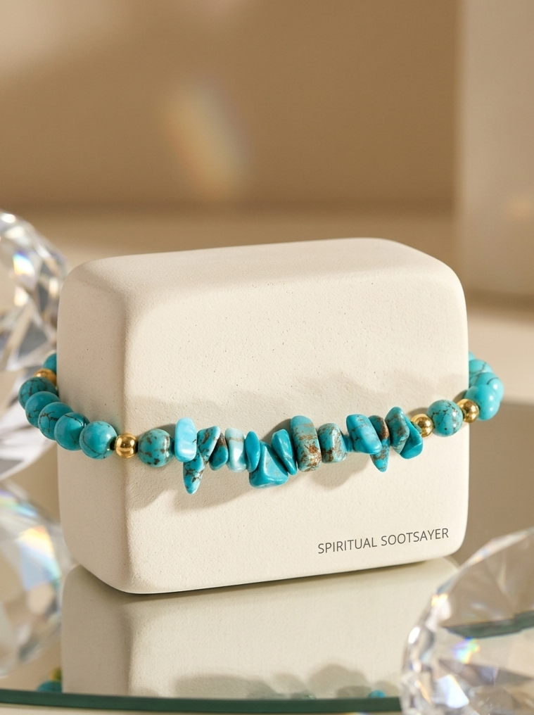 A turquoise and gold beaded bracelet displayed on a white ceramic jewelry box, with a warm beige background and decorative clear glass spheres.