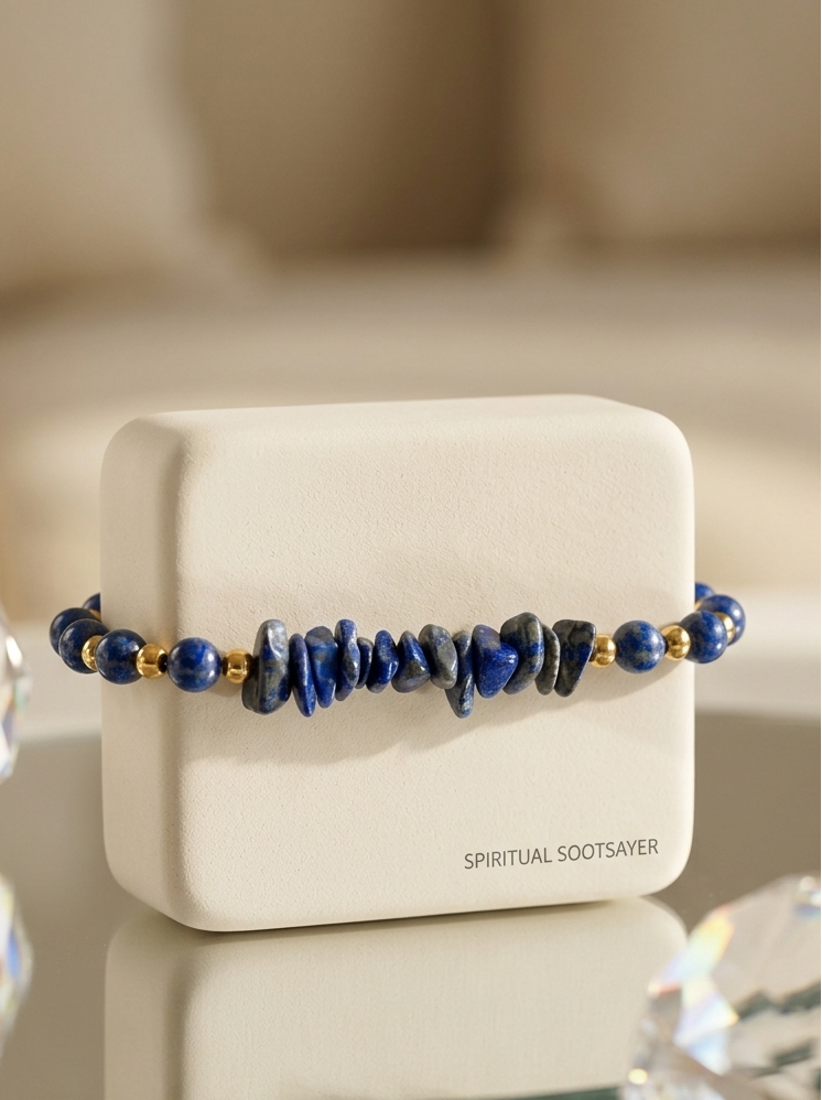 A beaded bracelet with dark blue lapis lazuli stones and small gold spacer beads, displayed on a white jewelry box labeled 'SPIRITUAL SOOTSAYER'.