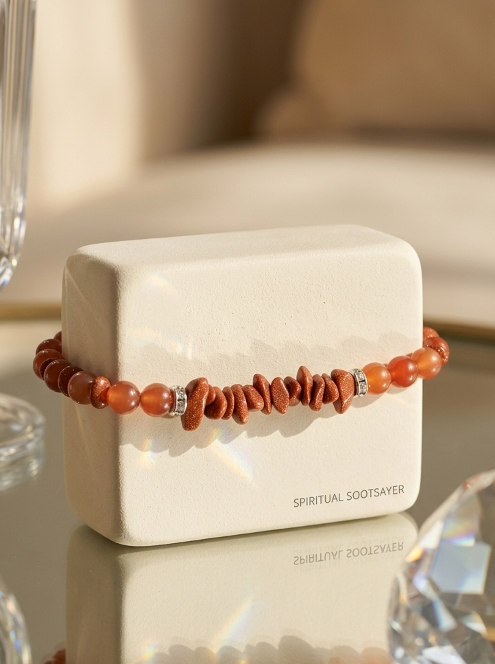 A beaded bracelet with terracotta orange chips and small silver spacer beads, displayed on a white jewelry box labeled 'SPIRITUAL SOOTSAVER'. The box is set on a reflective glass table with a warm, blurred background.
