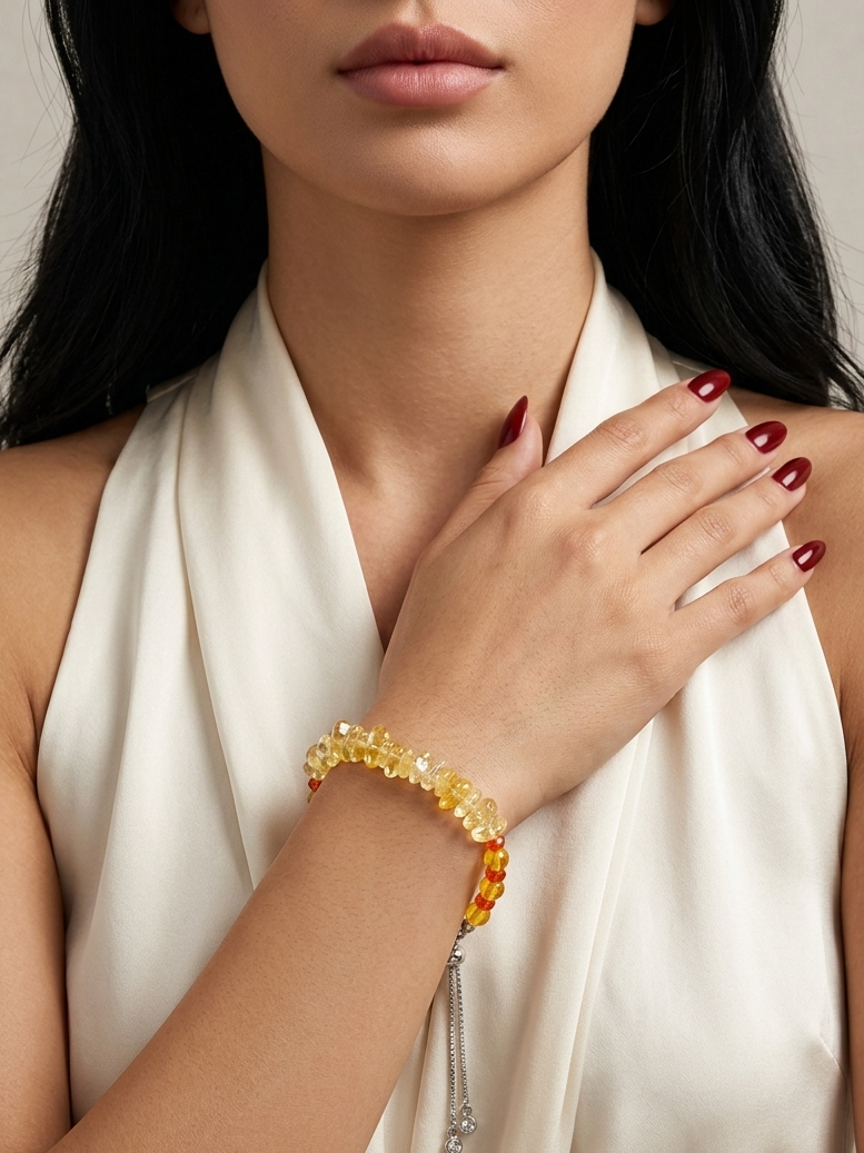 A close-up of a woman wearing a yellow and orange beaded bracelet with a silver dangling charm, styled with a cream satin top.