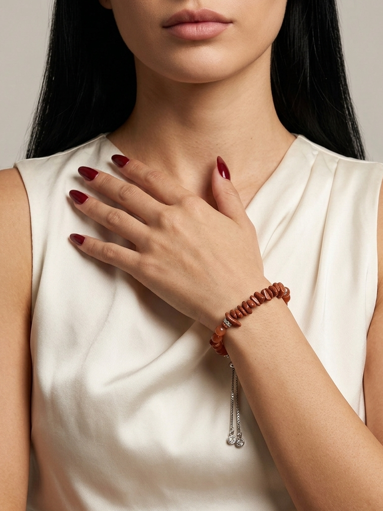 A close-up of a woman wearing a brown beaded bracelet with a silver dangling charm, styled with a cream satin top.