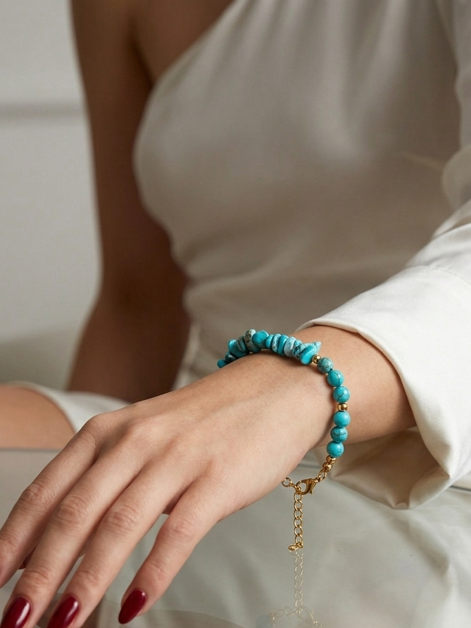 A close-up of a person's hand and wrist wearing a turquoise beaded bracelet with a gold clasp and extender chain, styled with a white dress and red manicured nails.