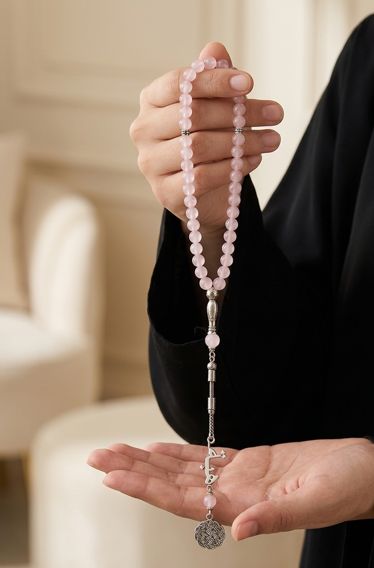 A person in a black abaya holds up a pink beaded rosary with silver-toned metal beads and a silver medallion, set against a softly blurred beige background.