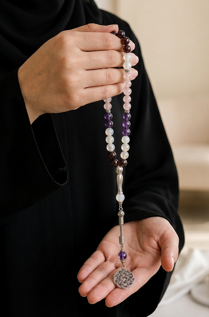 A person wearing a black abaya holds a beaded prayer necklace with purple, white, and dark brown beads, featuring a silver-toned metal chain and a round silver pendant, against a softly blurred beige background.
