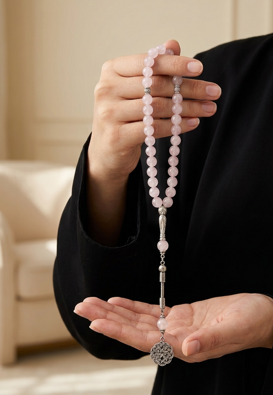 A person in a black outfit holds up a strand of light pink prayer beads with silver-toned metal accents and a round silver pendant over their open palm, against a softly blurred beige indoor background.