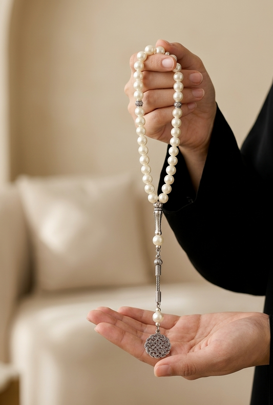 A person in a black long-sleeve top holds up a strand of white pearl-like prayer beads with silver-toned metal separators and a round silver medallion in their hands, with a softly blurred beige indoor background.
