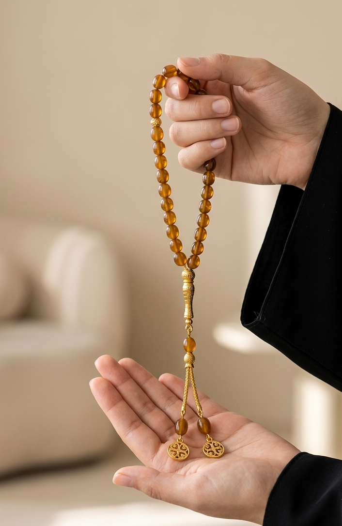 A person holds a strand of amber-colored prayer beads in their hands, with a blurred indoor background.