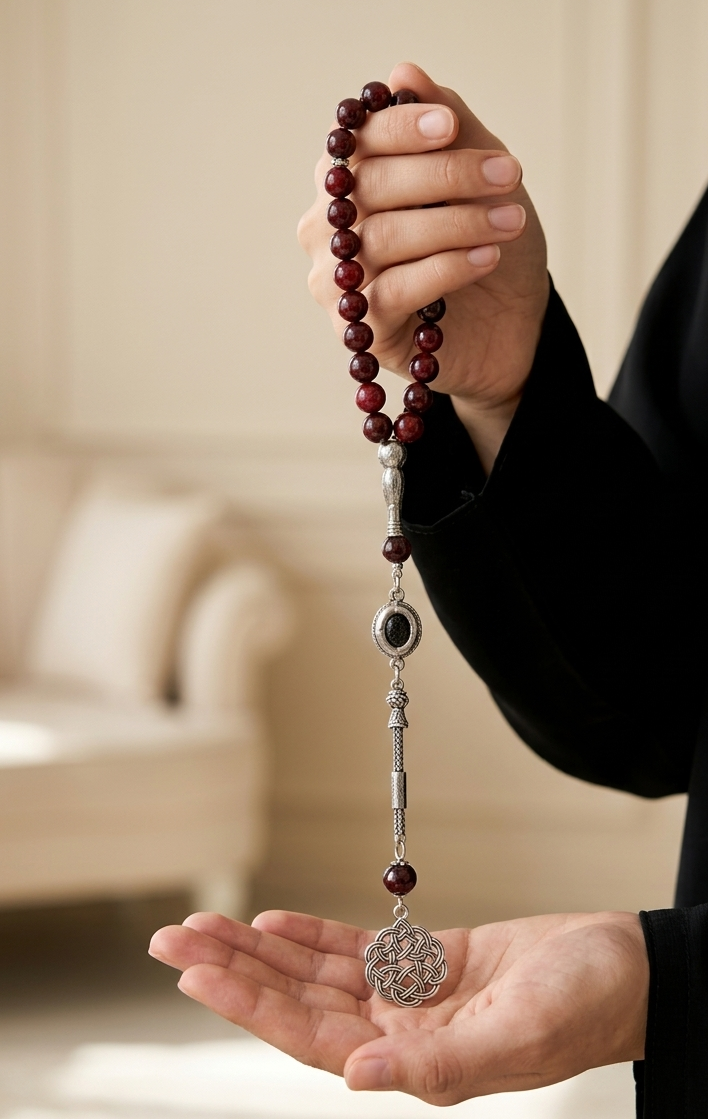 A person in a black robe holds a beaded rosary with dark red wooden beads and silver-toned metal details, including a central black stone and a round silver centerpiece, over an open palm in a softly blurred indoor setting.