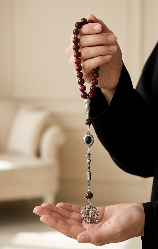A person in a black robe holds a beaded rosary with dark red wooden beads and silver-toned metal details, including a central black stone and a round silver centerpiece, over an open palm in a softly blurred indoor setting.
