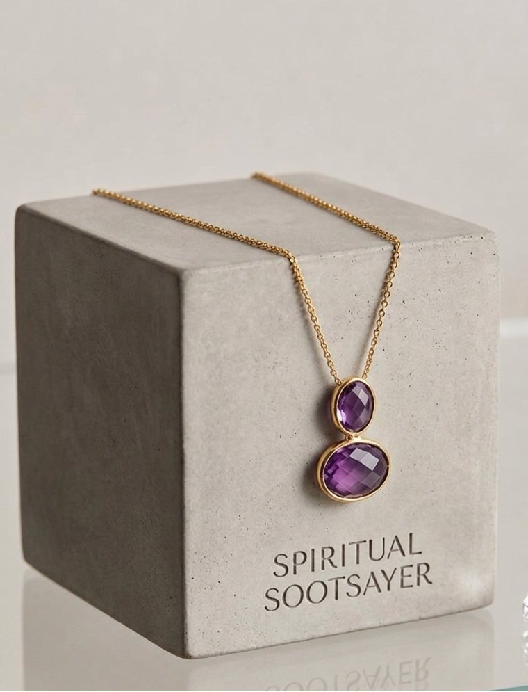 A gold chain necklace with two purple gemstone pendants displayed on a gray cube labeled 'SPIRITUAL SOOTSAYER'.