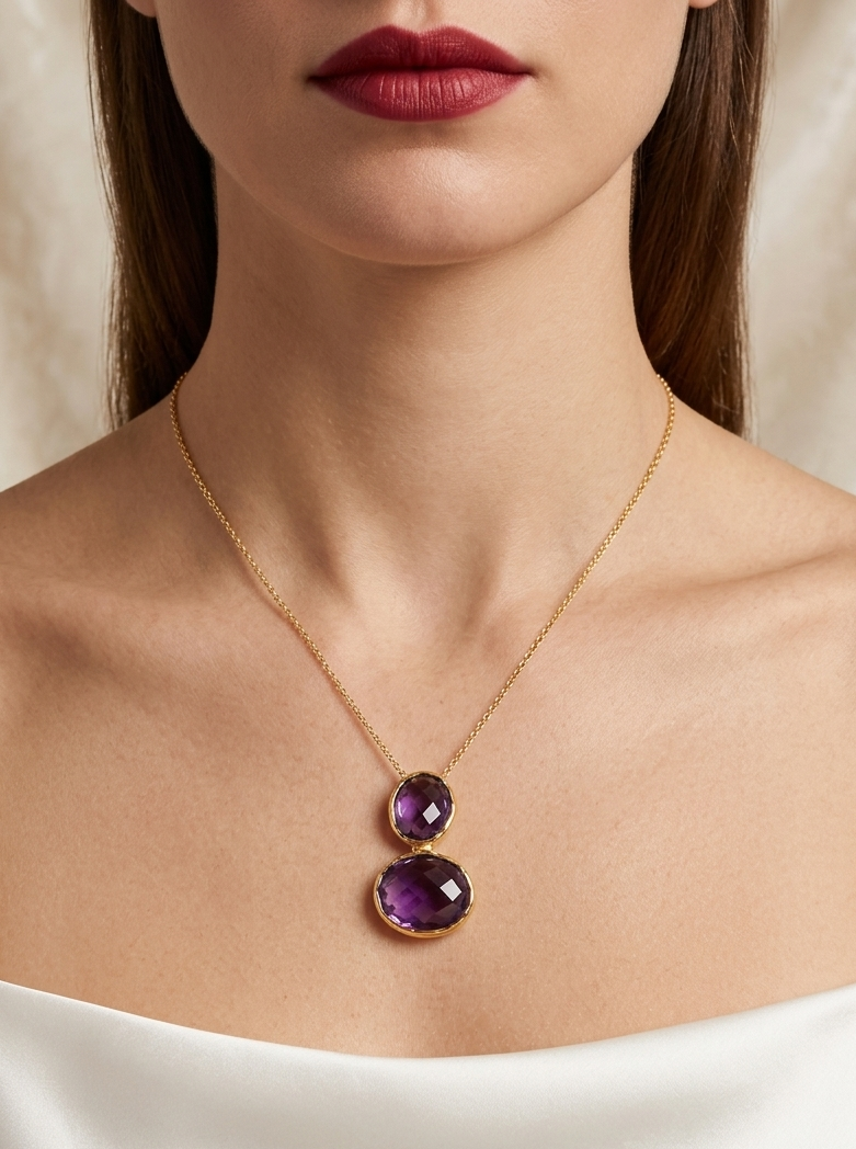 A close-up of a model wearing a delicate gold chain necklace with two stacked oval purple gemstone pendants, styled with a white off-the-shoulder top against a soft beige fabric background.