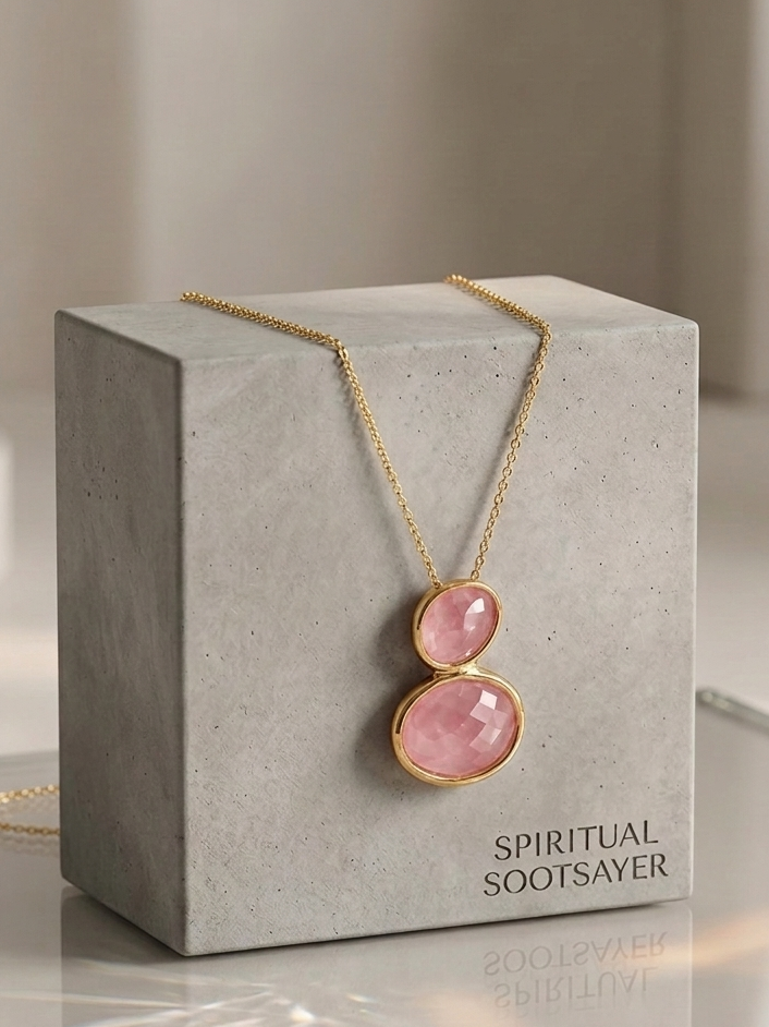 A gold necklace with two stacked oval pink gemstone pendants displayed on a gray concrete block labeled 'SPIRITUAL SOOTSAYER'.