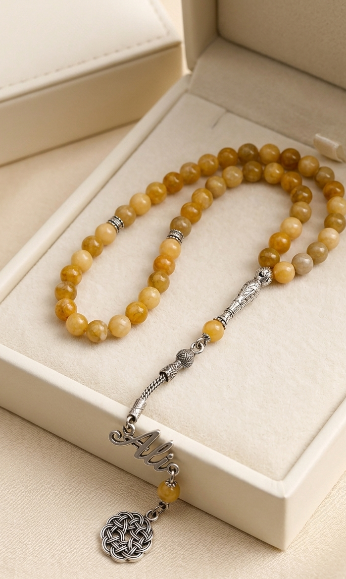 A beaded necklace with yellow and cream stone beads, silver-toned metal spacers, a silver script nameplate, and a round Celtic knot pendant, displayed inside an open cream-colored jewelry box.