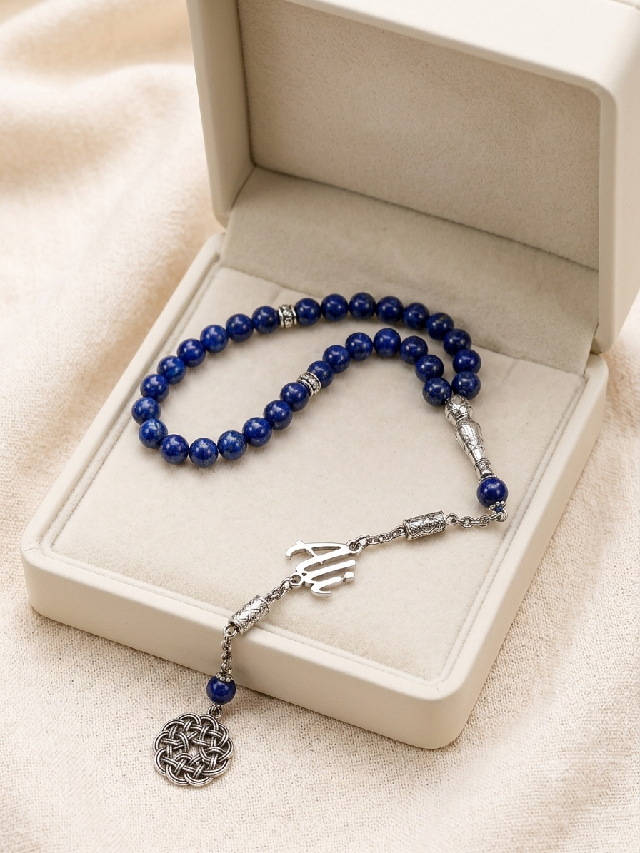 A beaded prayer necklace with deep blue lapis lazuli-style beads and silver-tone metal accents, displayed inside an open cream-colored jewelry box on a soft beige fabric surface.