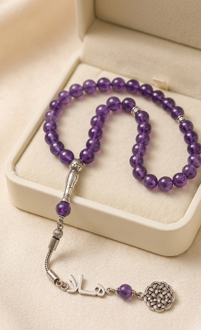 Purple amethyst beaded necklace with silver-toned metal accents and a decorative tassel, displayed inside a cream-colored jewelry box.