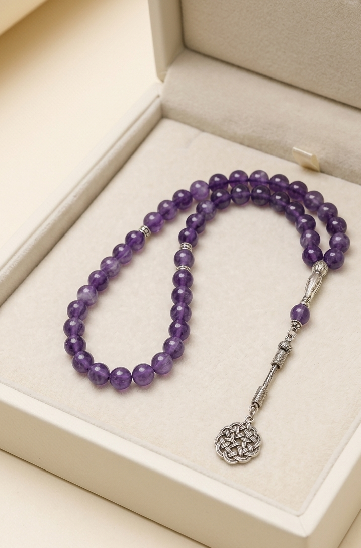 A purple beaded necklace with silver-toned metal accents and a round woven pendant, displayed inside an open cream-colored jewelry box.