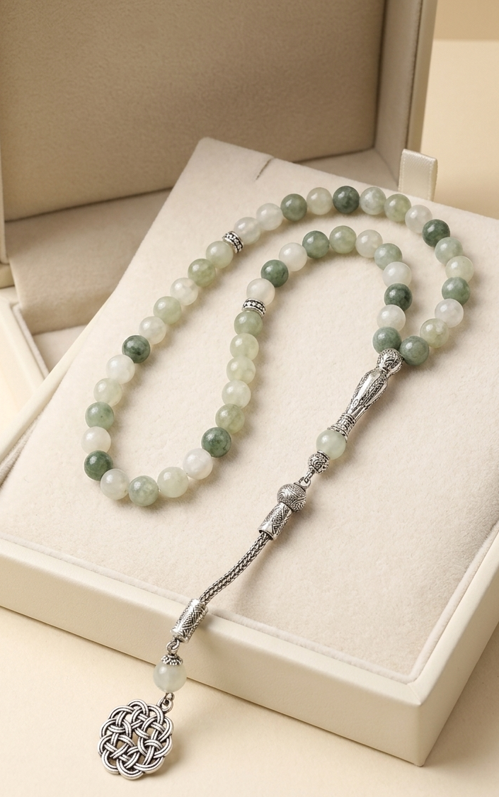 A beaded necklace with light green and white jade-like beads and silver-toned metal accents, displayed on a cream-colored jewelry box cushion.