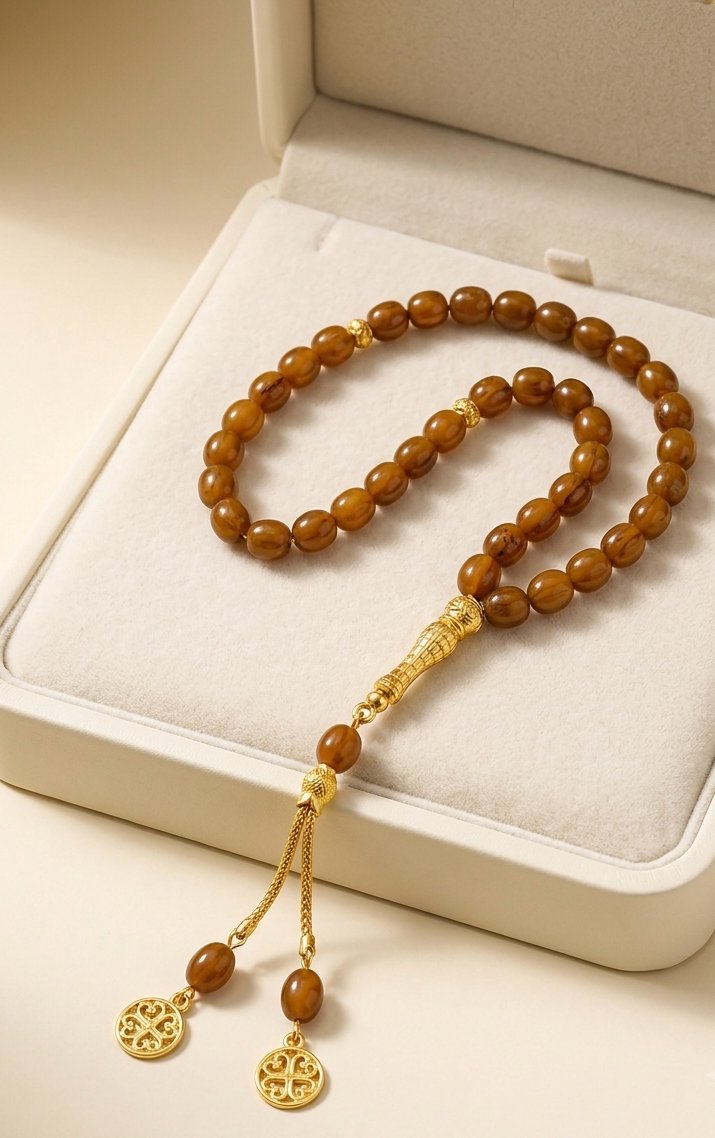 A strand of round amber-brown beads with gold-toned metal connectors and two dangling gold charms, displayed on a cream-colored jewelry box.