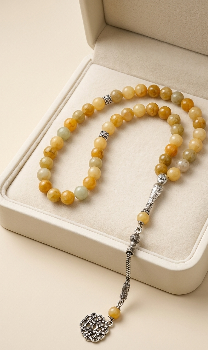 A beaded necklace with round yellow, orange, and pale green beads, silver-toned spacer details, and a silver-toned tassel with a woven charm, displayed inside an open cream-colored jewelry box on a warm beige background.