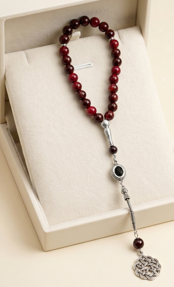 A beaded necklace with deep red glass beads, silver-toned metal details, and a silver Celtic knot pendant, displayed on a cream-colored jewelry box.