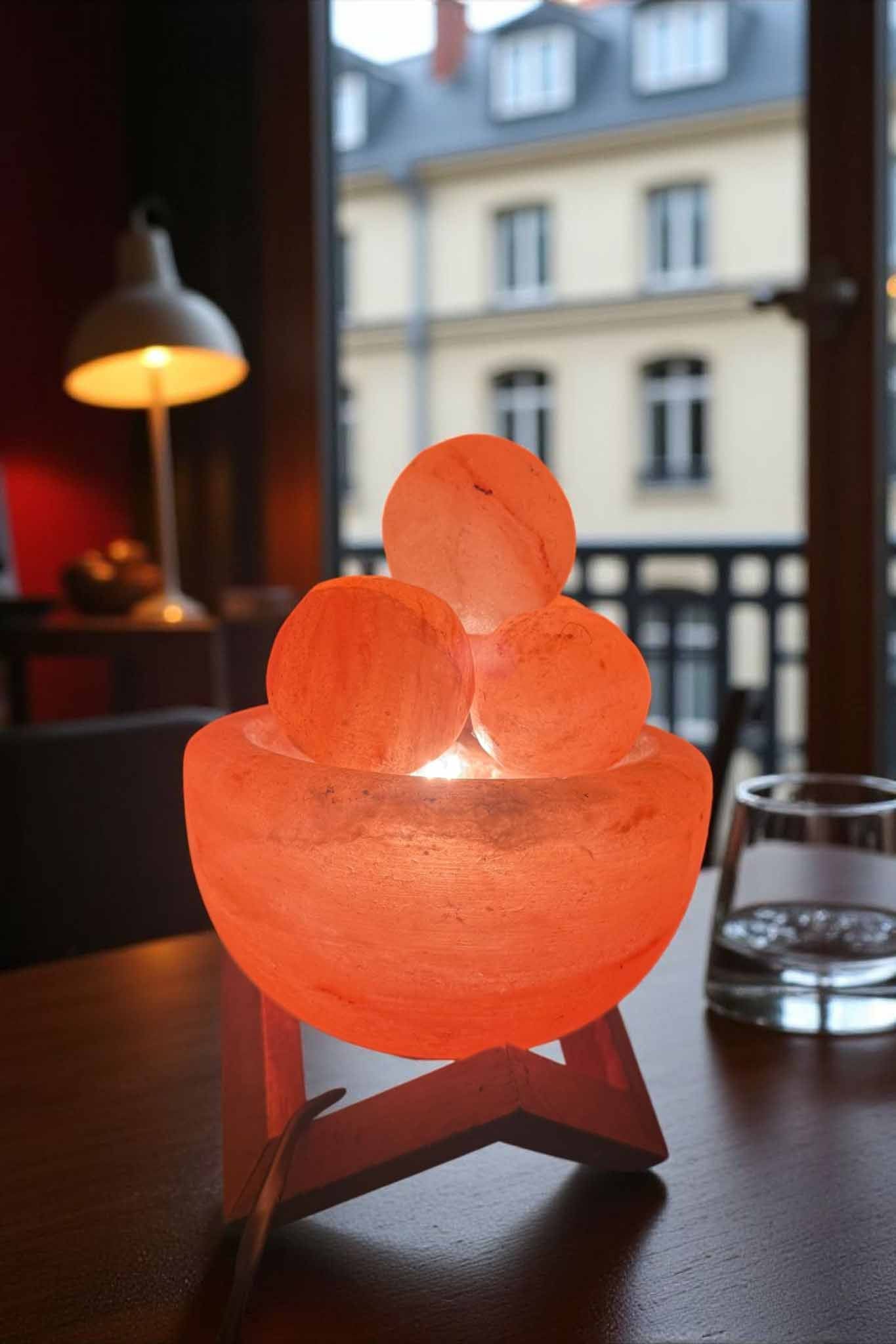 Himalayan Salt Bowl Lamp with 5 glowing balls – a natural salt lamp bowl for soothing ambience.