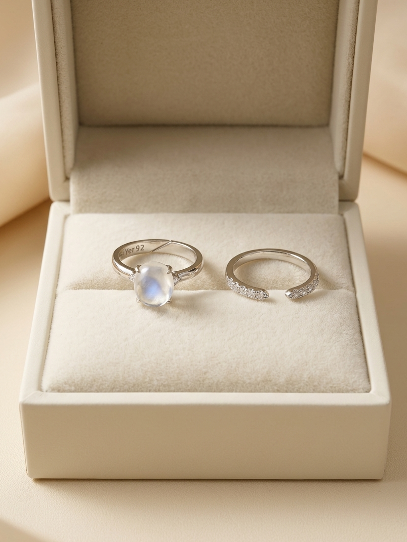Two silver rings displayed in an open cream-colored jewelry box. One ring features a round iridescent moonstone, and the other is a delicate open band set with small clear stones.