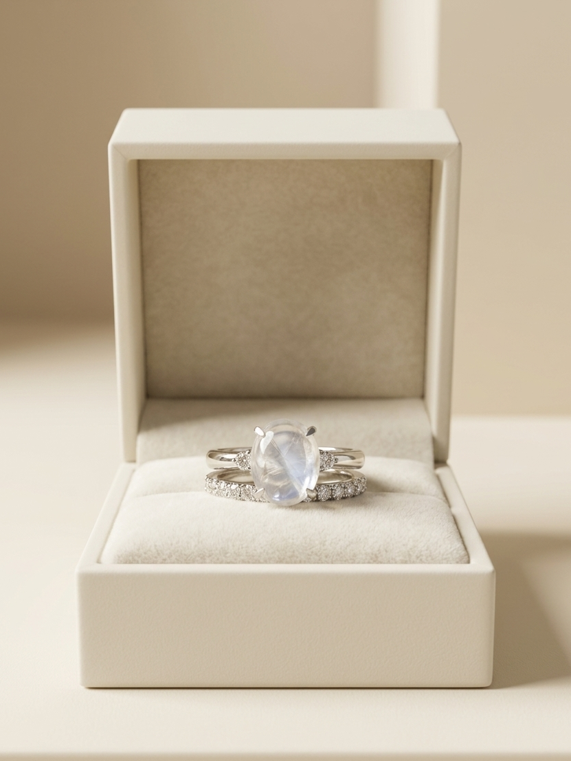 A silver ring set with a large oval-cut milky white gemstone and a matching diamond band, presented in an open cream-colored jewelry box.