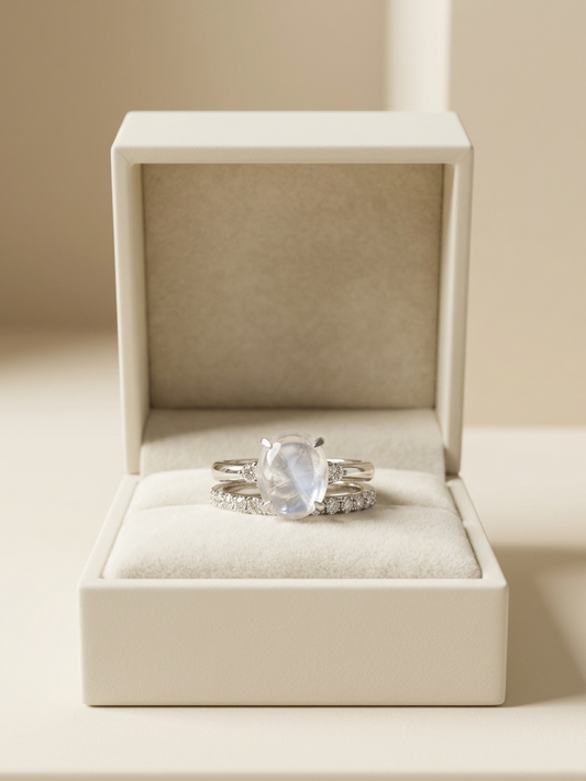 A silver ring set with a large oval-cut milky white gemstone and a matching diamond band, presented in an open cream-colored jewelry box.