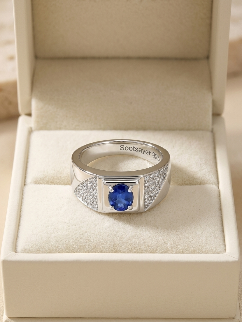 A silver-toned ring with a central oval blue gemstone and small clear stones on the shoulders, displayed inside an open cream-colored jewelry box. The inside of the band is engraved with the brand name 'Sotheby's'.