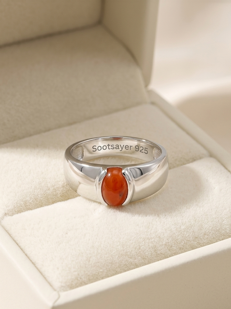A silver ring with an oval orange-red cabochon stone, displayed inside a cream-colored jewelry box. The inside of the band is engraved with 'sootsayer 925'.