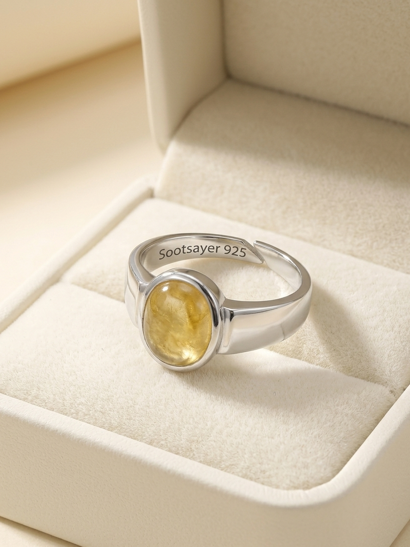 A silver signet ring with an oval yellow gemstone, displayed inside an open cream-colored jewelry box. The inside of the band is engraved with 'Sootsayer 925'.