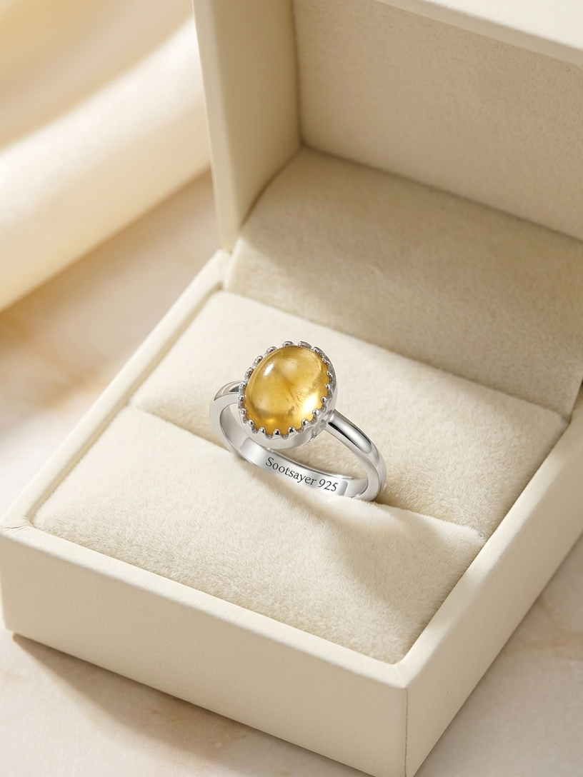 A silver ring with an oval yellow gemstone displayed inside an open cream-colored jewelry box.