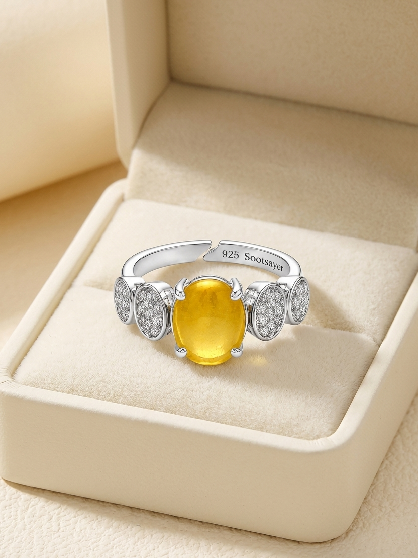 A silver-toned ring with a large oval yellow gemstone and smaller clear stones on either side, displayed in an open cream-colored jewelry box.