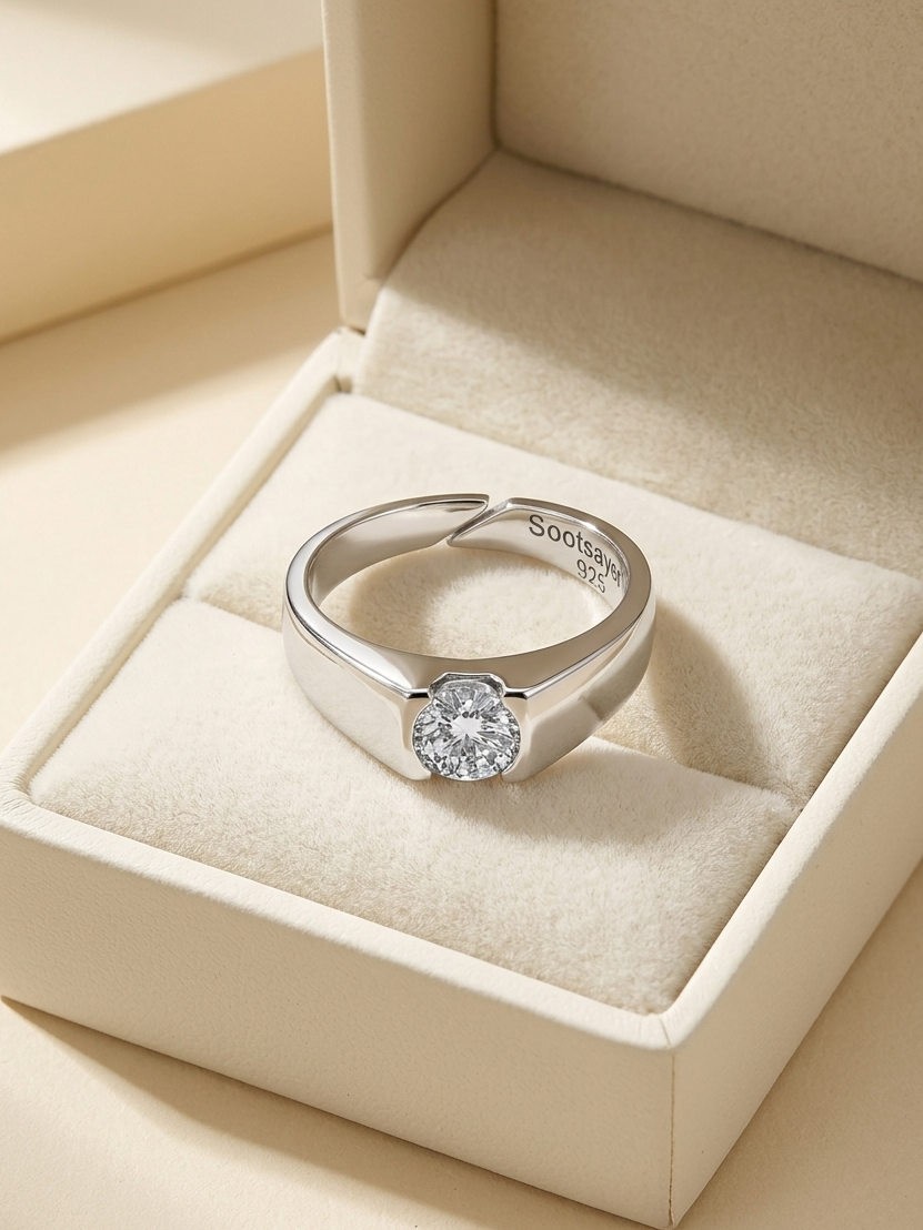 A silver ring with a round clear gemstone, displayed inside an open cream-colored jewelry box. The brand name 'SooShine' is engraved inside the band.