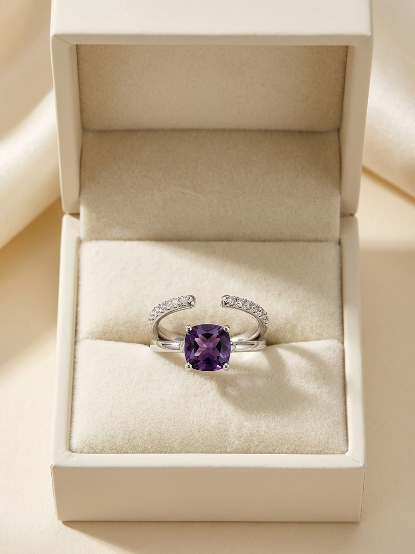 A silver open-band ring with a cushion-cut purple gemstone and small pavé-set stones on the sides, displayed in an open cream-colored jewelry box.