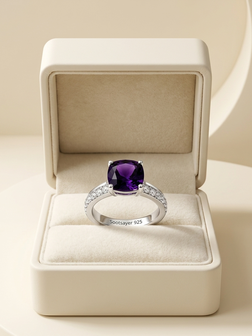 A silver ring with a cushion-cut purple gemstone and small side stones, displayed in an open cream-colored jewelry box.