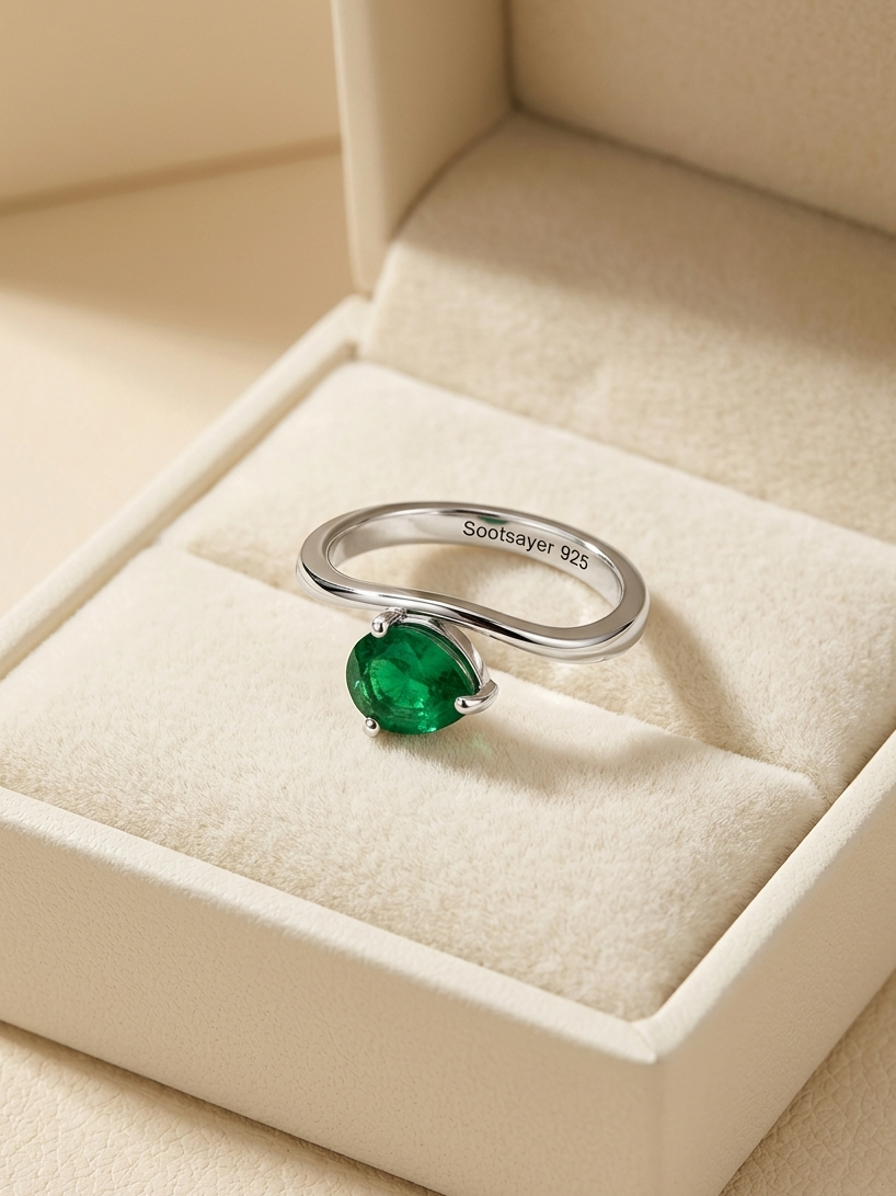 A silver ring with a round green gemstone, displayed inside a cream-colored jewelry box. The inside of the band is engraved with 'ScoutSayer 925'.