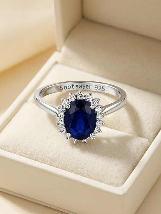 A silver ring with a large oval-cut deep blue sapphire center stone and a halo of small clear stones, displayed inside a cream-colored jewelry box. The band is engraved with 'Sootsayer 925'.
