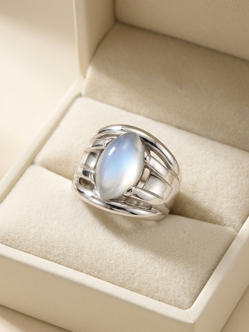 A silver ring with a large oval milky white gemstone, displayed inside a cream-colored jewelry box.